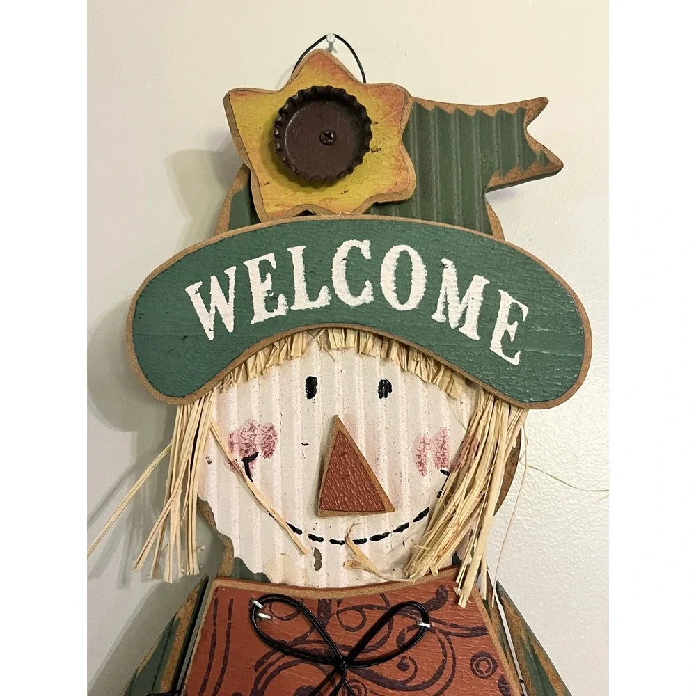 Rustic Wood Scarecrow Wall Hanging Fall Decor Welcome Friends Pumpkin Sign 19.5